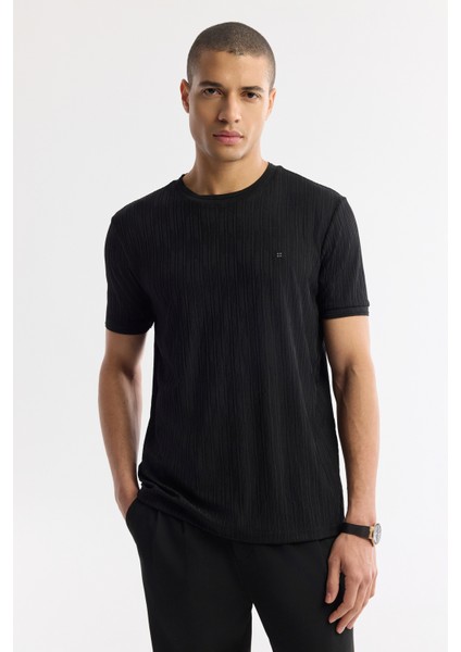 Erkek Siyah Bisiklet Yaka Jakarlı Elastan Regular Fit T-Shirt A51Y1035