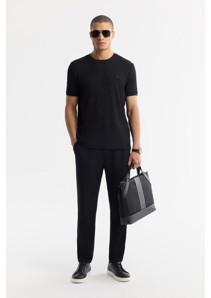 Erkek Siyah Bisiklet Yaka Jakarlı Elastan Regular Fit T-Shirt A51Y1035