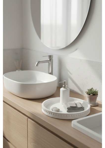 Dekoratif Yuvarlak Beton Boncuklu Zen Tepsi & Sunum Tabağı | Minimalist Başucu Takı Standı