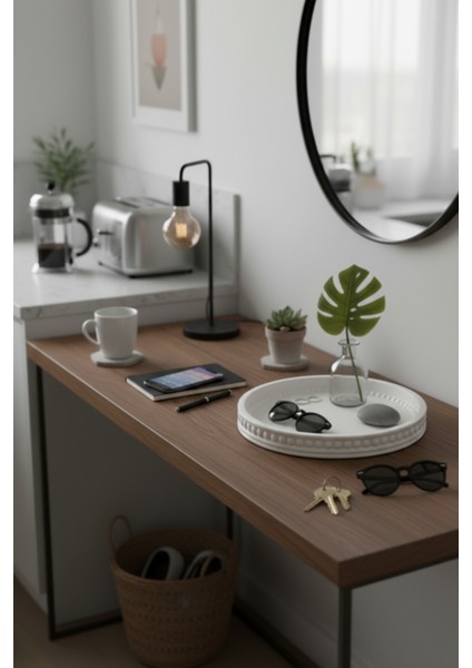 Dekoratif Yuvarlak Beton Boncuklu Zen Tepsi & Sunum Tabağı | Minimalist Başucu Takı Standı