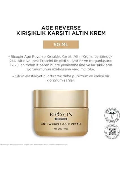 Bioxcin Age Reverse Kırışıklık Karşıtı Altın Krem 50 ml – 24K Altın, Ipek Proteini, Pantenol ve Zeytinyağı Içerikli – Cilt Sıkılaştırıcı ve Nemlendirici