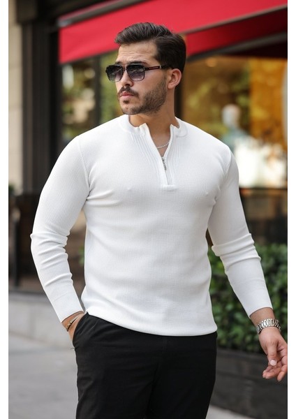Erkek Fermuarlı Bisiklet Yaka Dokulu Uzun Kollu Triko