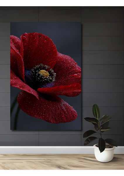 Kırmızı Haşhaş Çiçeği Yağlı Boya Görünümlü Ahşap Dekoratif Tablo Dikdörtgen Tablo