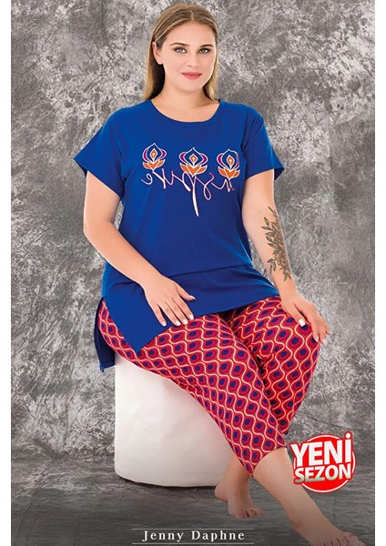 Lady Büyük Beden Renkli Desenli Kısa Kollu Uzun Kapri Pijama Takımı