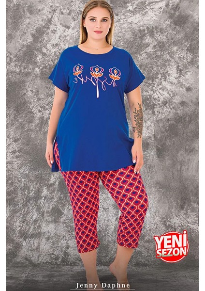 Lady Büyük Beden Renkli Desenli Kısa Kollu Uzun Kapri Pijama Takımı fiyatları