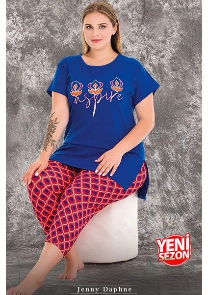 Lady Büyük Beden Renkli Desenli Kısa Kollu Uzun Kapri Pijama Takımı modelleri