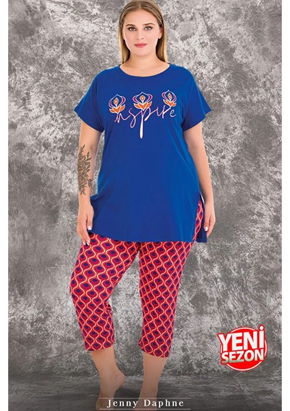 Lady Büyük Beden Renkli Desenli Kısa Kollu Uzun Kapri Pijama Takımı fırsatları