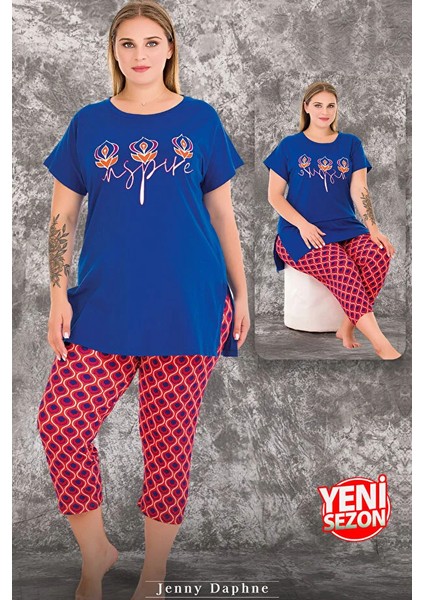Lady Büyük Beden Renkli Desenli Kısa Kollu Uzun Kapri Pijama Takımı indirimleri