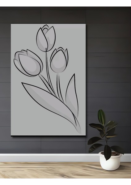 Siyah Beyaz Lale Çiçeği Kara Kalem Görünümlü Ahşap Dekoratif Tablo Dikdörtgen Tablo