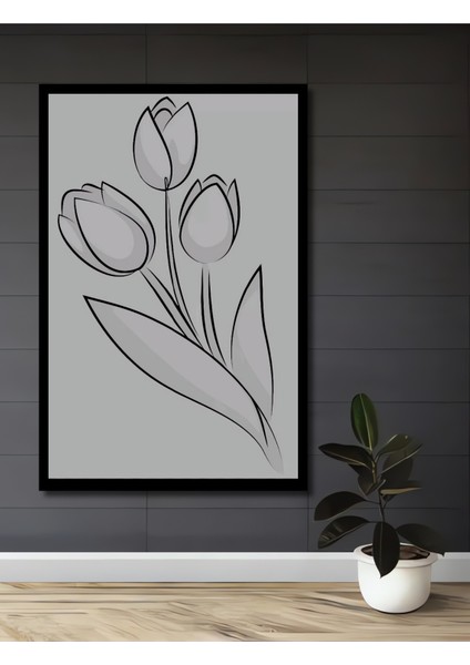 Siyah Beyaz Lale Çiçeği Kara Kalem Görünümlü Ahşap Dekoratif Tablo Dikdörtgen Tablo fiyatları