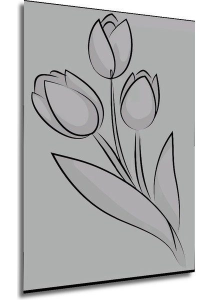 Siyah Beyaz Lale Çiçeği Kara Kalem Görünümlü Ahşap Dekoratif Tablo Dikdörtgen Tablo fırsatları