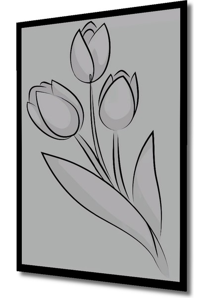 Siyah Beyaz Lale Çiçeği Kara Kalem Görünümlü Ahşap Dekoratif Tablo Dikdörtgen Tablo indirimleri