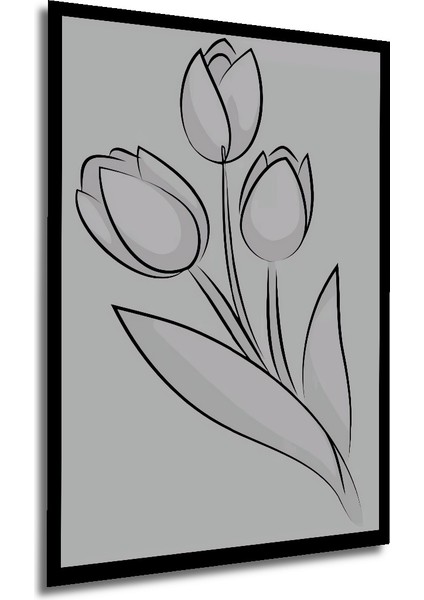 Siyah Beyaz Lale Çiçeği Kara Kalem Görünümlü Ahşap Dekoratif Tablo Dikdörtgen Tablo