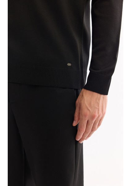 Erkek Siyah Bisiklet Yaka Çizgili Triko Regular Fit Kazak A52Y5034