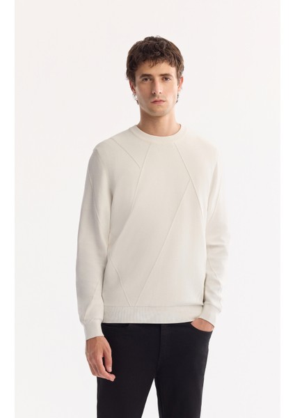 Erkek Ekru Bisiklet Yaka Rayon Tüylenmeyen Dokulu Triko Regular Fit Kazak A52Y5016