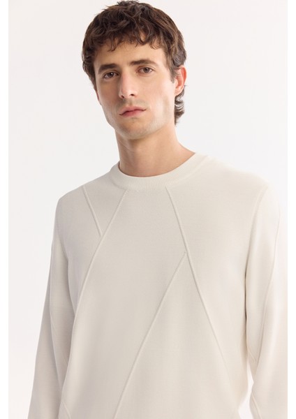 Erkek Ekru Bisiklet Yaka Rayon Tüylenmeyen Dokulu Triko Regular Fit Kazak A52Y5016