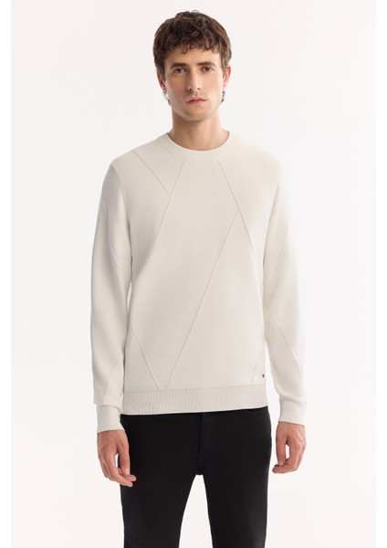 Erkek Ekru Bisiklet Yaka Rayon Tüylenmeyen Dokulu Triko Regular Fit Kazak A52Y5016