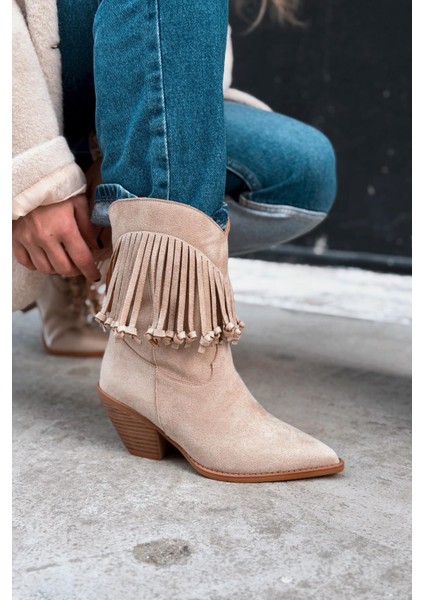 Iserne Kadın Kovboy Bot Bej Süet Püsküllü