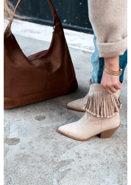 Iserne Kadın Kovboy Bot Bej Süet Püsküllü indirimleri