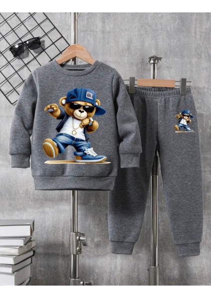 Özel Tasarım Rapçi Minik Ayıcık Baskılı %100 Pamuk Kışlık Erkek Çocuk Eşofman Takımı