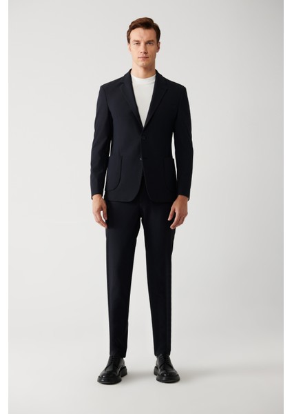 Erkek Lacivert Mono Yaka Çift Yırtmaçlı Takma Cepli Su İtici Kumaşlı Astarsız Ceket A32Y4012