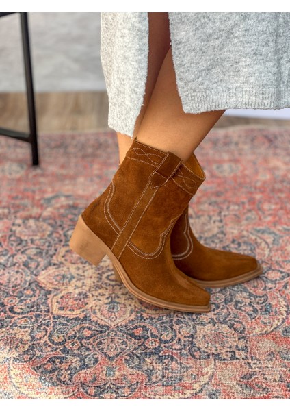 Isolde Hakiki Deri Sivri Burun Western Taba Kadın Kovboy Bot