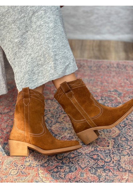 Isolde Hakiki Deri Sivri Burun Western Taba Kadın Kovboy Bot