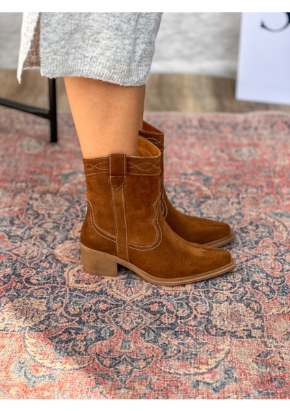 Isolde Hakiki Deri Sivri Burun Western Taba Kadın Kovboy Bot