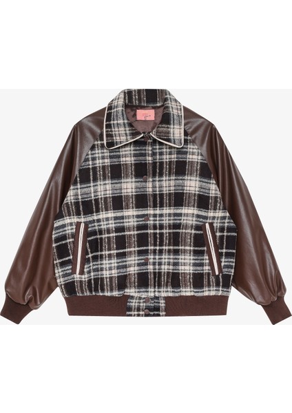 Deri Garnili Ekose Oversize Bomber Ceket Kahverengi