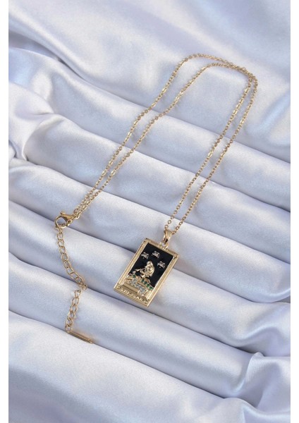 316L Çelik Zincir Altın Renk Zirkon Taşlı Siyah Mineli Kız Figürlü Tarot Kolye - TJ-BKO9227 fiyatları