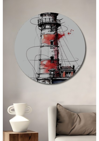 Modern Sanat Kara Kalem Görünümlü Deniz Feneri Ahşap Dekoratif Tablo Yuvarlak Tablo