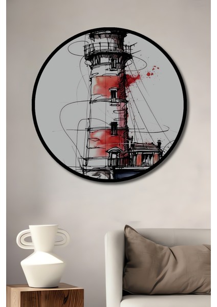 Modern Sanat Kara Kalem Görünümlü Deniz Feneri Ahşap Dekoratif Tablo Yuvarlak Tablo fiyatları