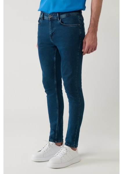 Erkek Mavi Taş Yıkamalı Esnek Berlin Slim Fit Jean Pantolon B003526