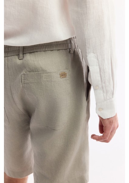 Erkek Gri Beli Lastikli %100 Keten Relaxed Fit Şort B003732