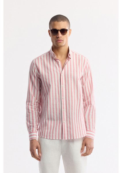 Erkek Kırmızı Düğmeli Yaka Çizgili %100 Pamuk Comfort Fit Gömlek A51Y2167