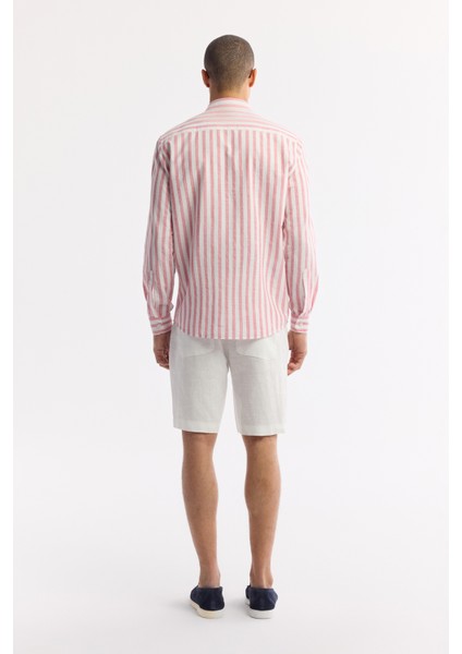 Erkek Kırmızı Düğmeli Yaka Çizgili %100 Pamuk Comfort Fit Gömlek A51Y2167