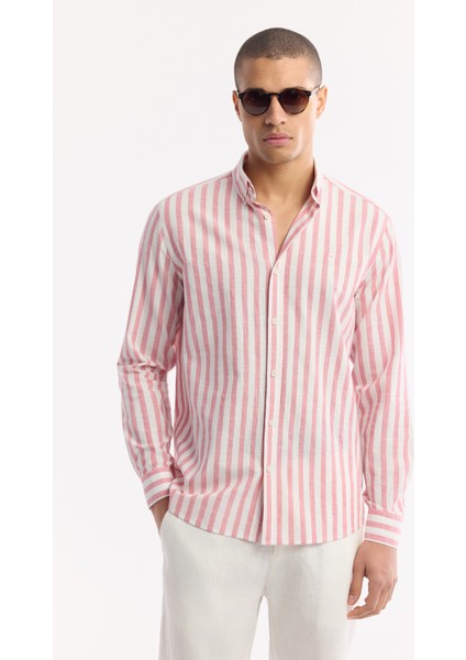 Erkek Kırmızı Düğmeli Yaka Çizgili %100 Pamuk Comfort Fit Gömlek A51Y2167