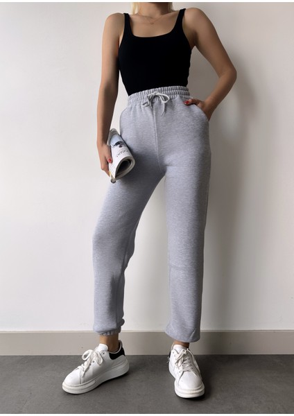 Kadın Gri Kışlık Kalın Içi Polarlı Yüksek Bel Paçası Lastikli Basic Jogger Eşofman Altı
