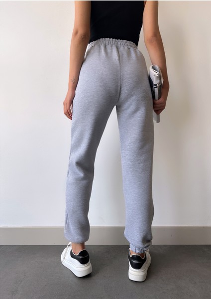 Kadın Gri Kışlık Kalın Içi Polarlı Yüksek Bel Paçası Lastikli Basic Jogger Eşofman Altı fırsatları