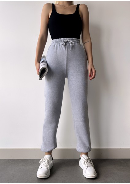 Kadın Gri Kışlık Kalın Içi Polarlı Yüksek Bel Paçası Lastikli Basic Jogger Eşofman Altı indirimleri