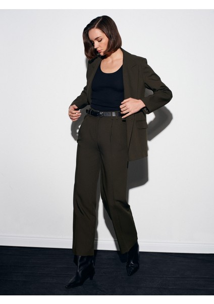 72171 Kemerli Pileli Kumaş Pantolon-Haki