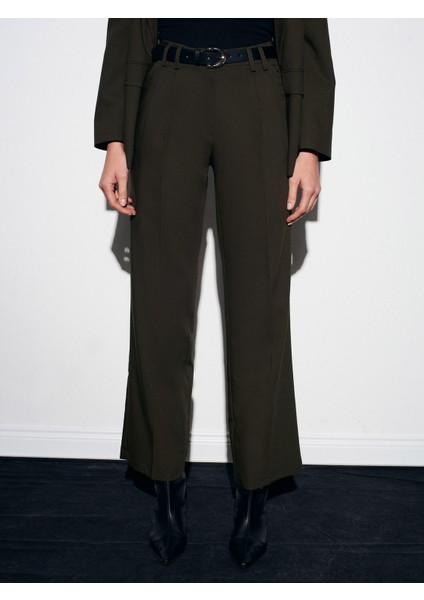 72171 Kemerli Pileli Kumaş Pantolon-Haki indirimleri