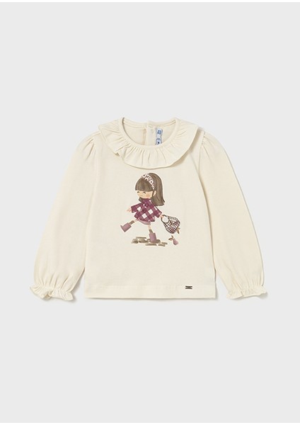 Krem Kız Bebek Fırfır Yakalı Uzun Kollu T-Shirt 2076