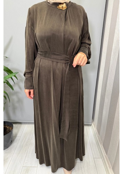 Yaka Aksesuarlı Ipek Cupro Elbise Kahve 5011 fırsatları