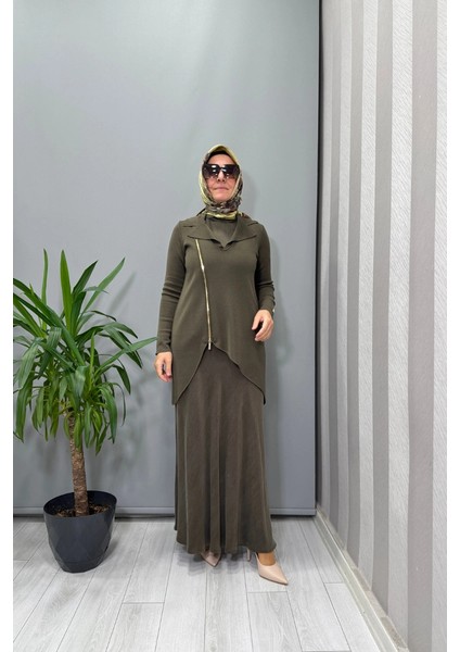 Gömlek Yaka Fermuar Detaylı Triko Hırka Haki T26K-0001