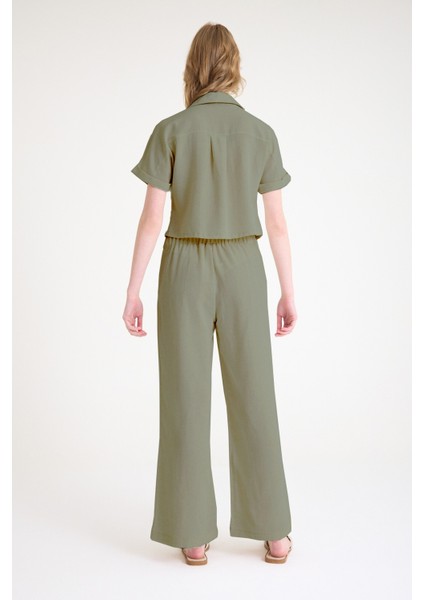Keten Zarif Kadin T-Shirt ve Uzun Pantolon Alt Üst Ikili Takım V Yaka Kısa Kollu Salaş Rahat Haki Elbise
