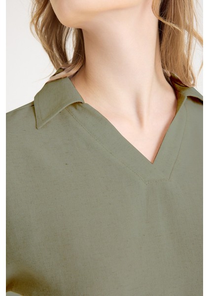 Keten Zarif Kadin T-Shirt ve Uzun Pantolon Alt Üst Ikili Takım V Yaka Kısa Kollu Salaş Rahat Haki Elbise