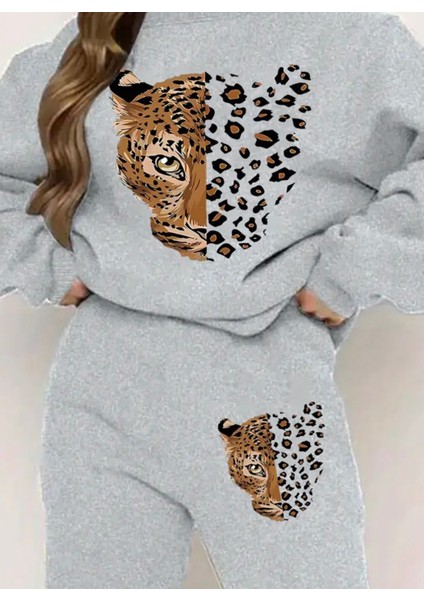 Punıx Büyük Beden Özel Seri Leopar Baskılı %100 Pamuk Kışlık Yuvarlak Yaka Modern Kadın Eşofman Takımı