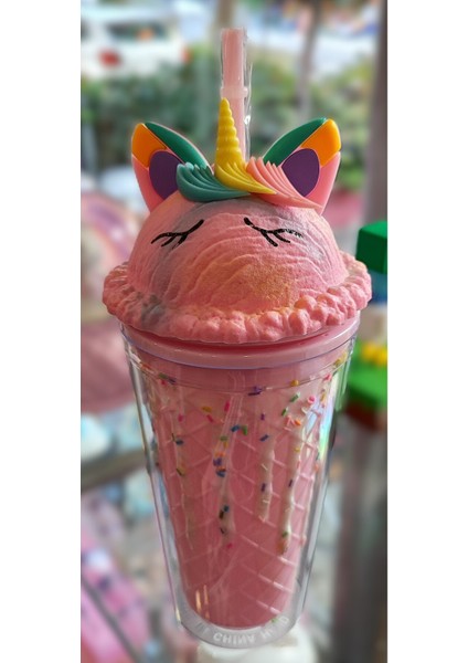 Dondurma Külahı Figürlü Süslü Kapaklı Pipetli Plastik Bardak 470ML AD15995