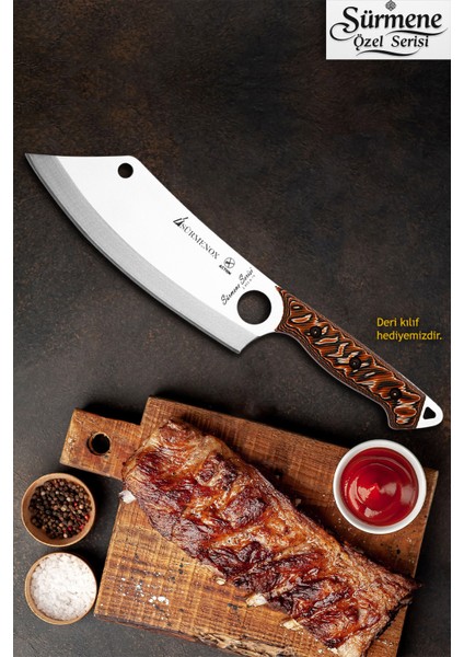 Sürmene Serisi Action Mutfak Şef Bıçağı Bıçak Kamp Bıçağı Deri Kılıflı Kahve Verzalit Sap HDS-124